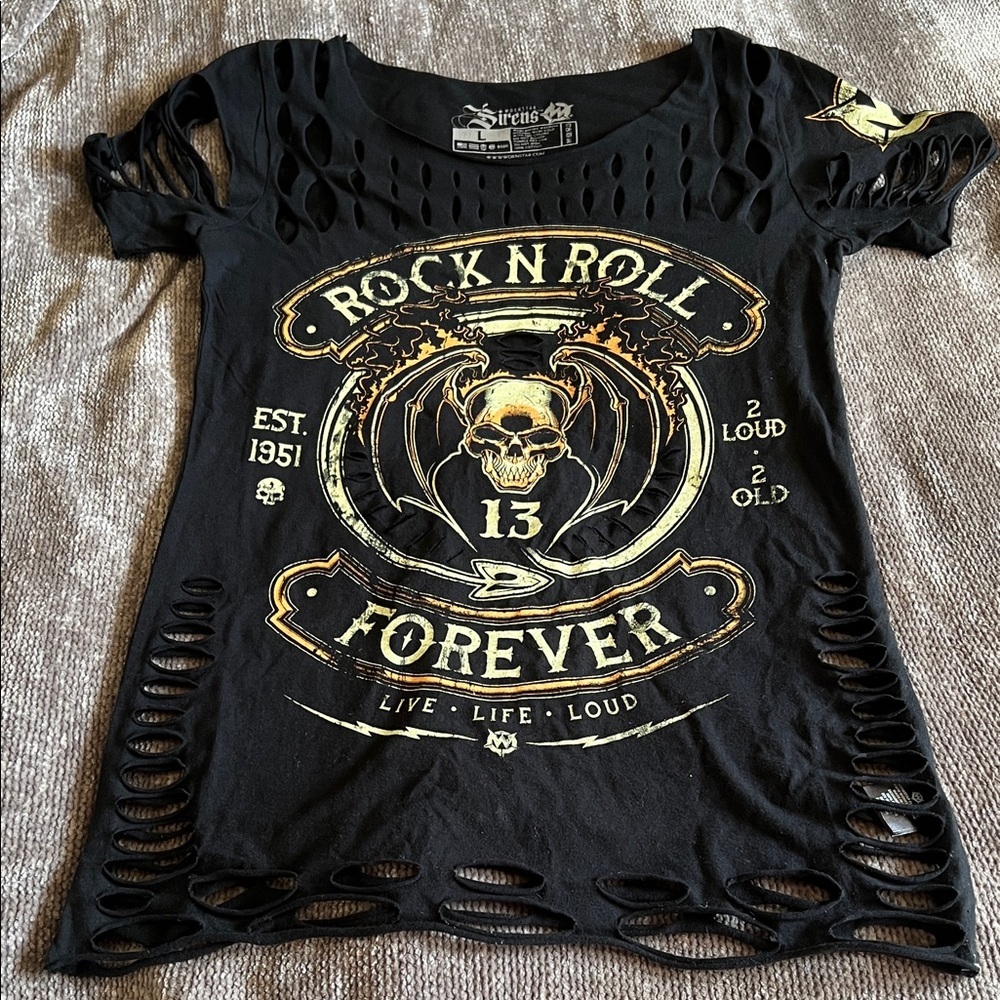Wornstar Black Slashed Rock 'n' Roll Forever Top L